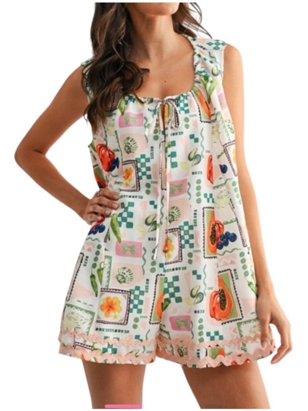 Camellia Poppie Ivory Floral Veggie Cottage Southern Sleeveless Romper Medium
